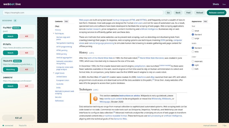 Manual takeover of a WebBrowserBot browser session